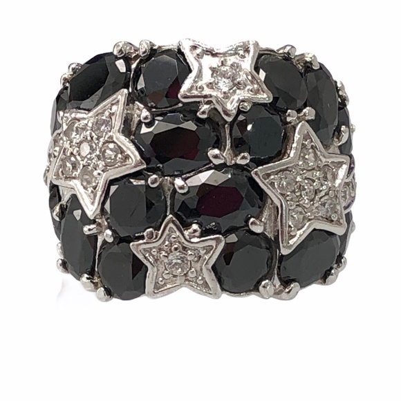 STERLING SILVER BLACK & CLEAR CRYSTALS NIGHT SKY WITH STARS COCKTAIL RING SIZE 7 - Picture 2 of 16
